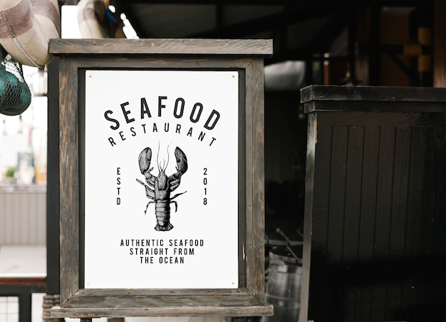 Free PSD | Rustic style sign mockup at a seafood restaurant