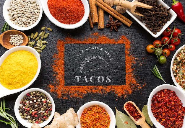 Free PSD | Tacos lettering and cinnamon frame mock-up surrounded by spices and herbs