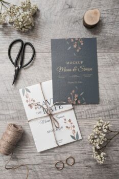 Free PSD | Top view elegant wedding card with mock-up