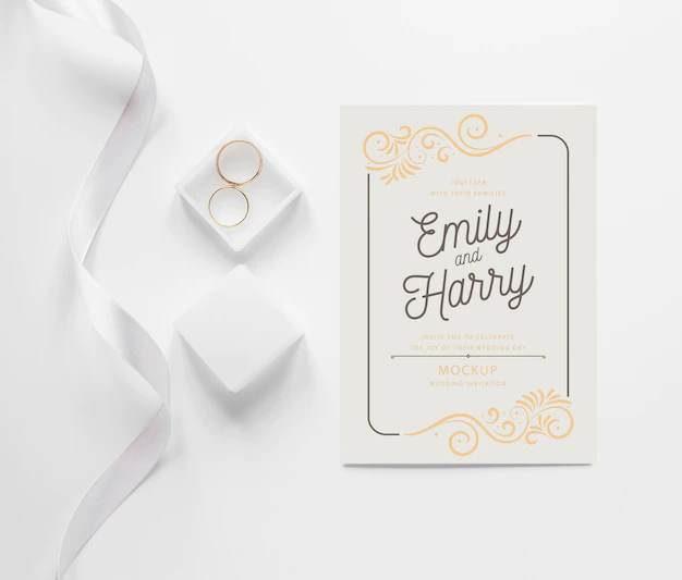 Free PSD | Top view of wedding card with ribbon and rings