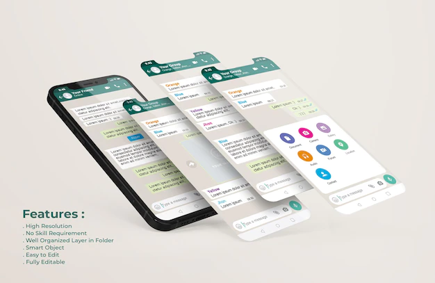 Free PSD | Whatsapp interface template on mobile phone and ui ux app presentation mockup