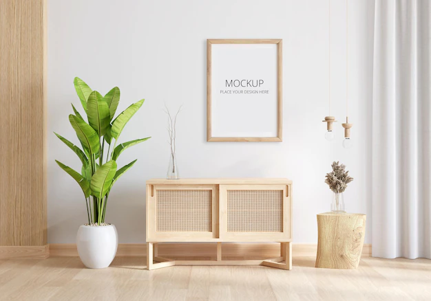 Free PSD | Wood sideboard in living room interior with frame mockup