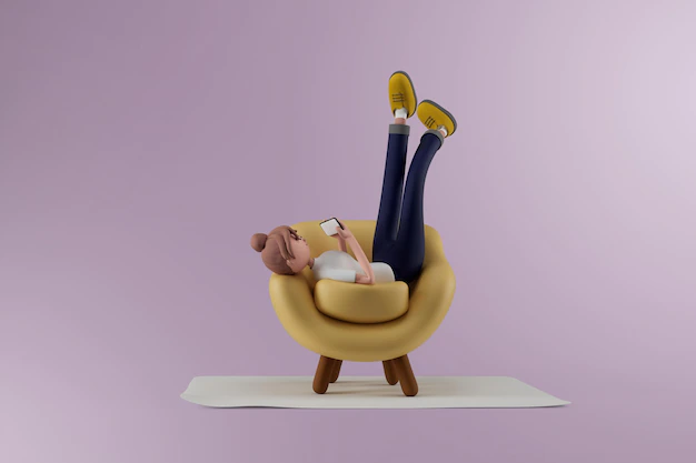 Free PSD | Young woman lying on the chair using on smartphone on isolated background 3d illustration cartoon characters