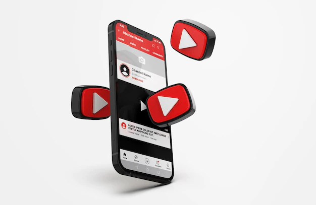 Free PSD | Youtube on mobile phone mockup with 3d icons