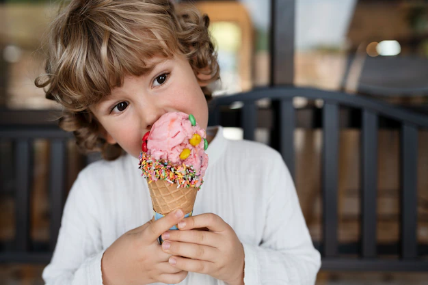 Free Photo | Front view little boy eating ice cream