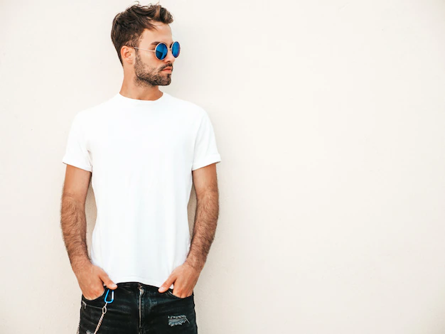 Free Photo | Man with sunglasses wearing white t-shirt posing