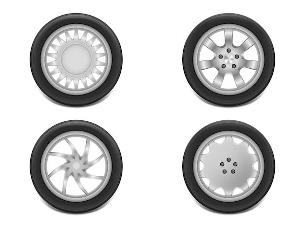 Free Vector | 3d realistic black tires in side view, shining steel and rubber wheel for car, automobile