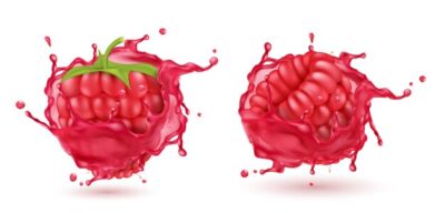 Free Vector | 3d realistic ripe raspberries in splashing red juice. sweet food with splashes, drops isolated