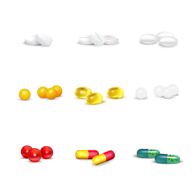 Free Vector | 3d set of pills and capsules of various shapes and colors on white background