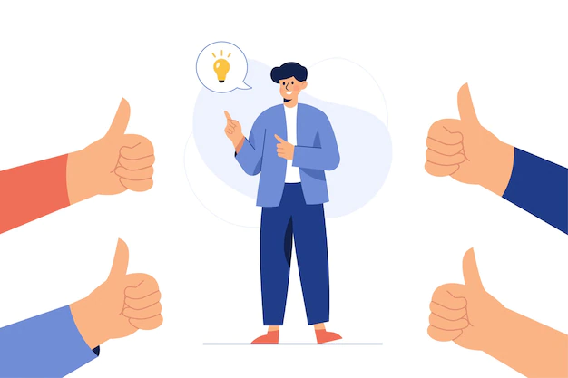 Free Vector | A man who thinks idea and is admired by thumbs up