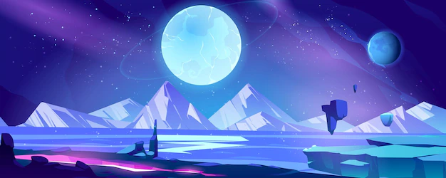 Free Vector | Alien planet landscape, cosmic background, deserted coastline with mountains view, glowing cleft, stars and shining spheres in space. extraterrestrial pc game backdrop, cartoon vector illustration