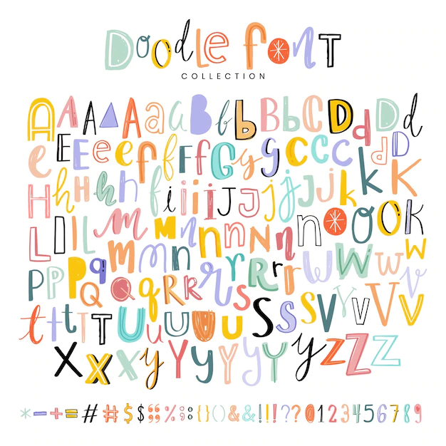 Free Vector | Alphabets, punctuations and numbers doodle fonts set