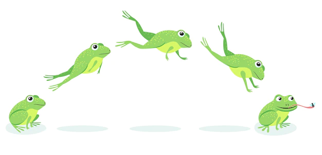 Free Vector | Animated process of frogs leaps sequence. cartoon toad jumping for prey, catching insect illustration