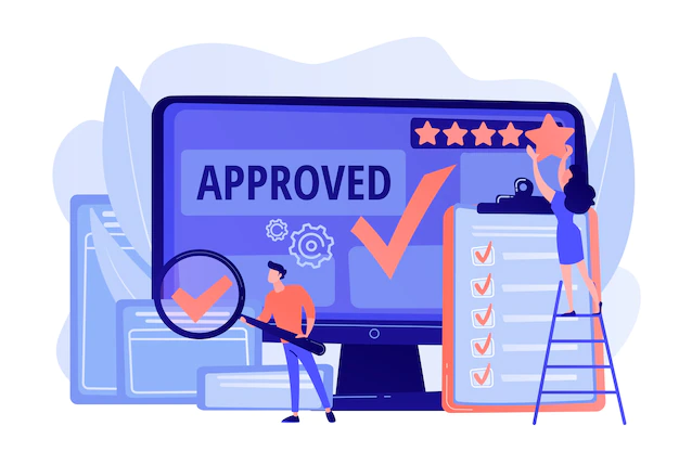 Free Vector | Approval mark. product advantage. rating and reviews. meeting requirements