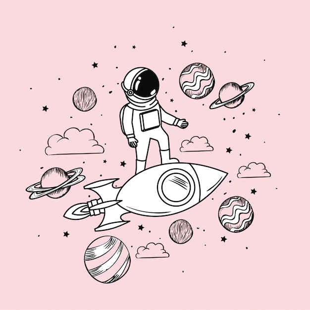 Free Vector | Astronaut draw with rocket and planets