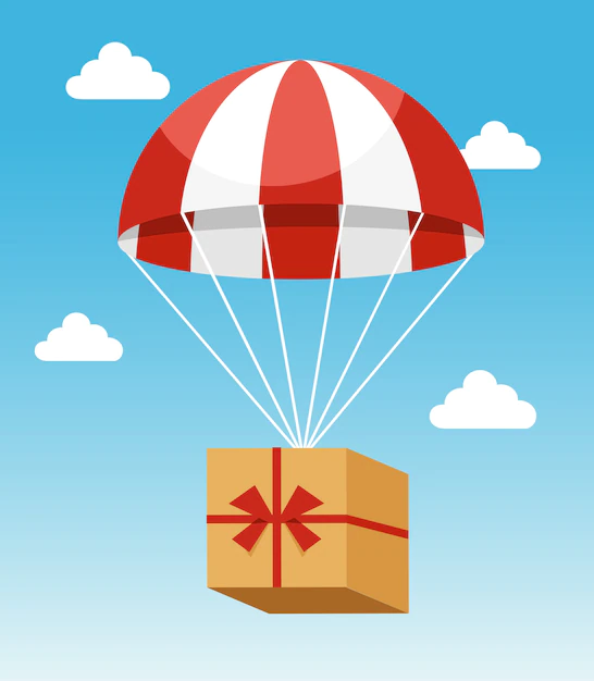 Free Vector | Attractive red and white parachute carrying delivery cardboard box on light blue sky background