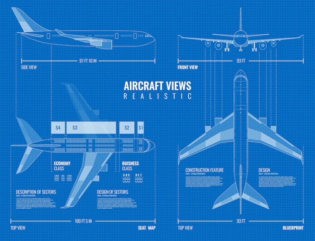 Free Vector | Aviation industrial dimensioned drawing blueprint of outline airplane top side and front views realistic