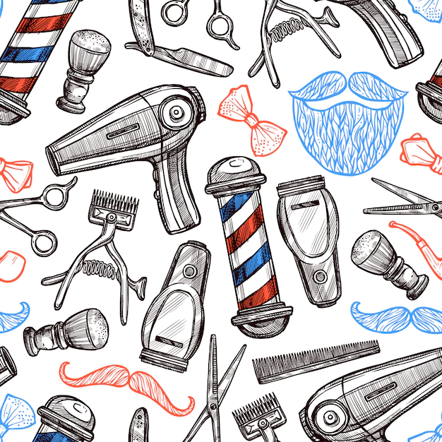 Free Vector | Barber shop attributes doodle seamless pattern