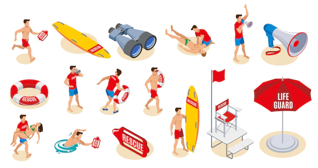Free Vector | Beach lifeguards inventory isometric set of binocular loudspeaker umbrella lifebuoy surfboard chair with flag