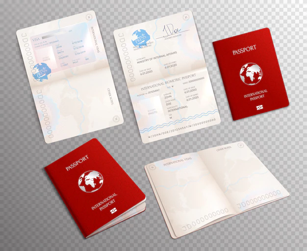 Free Vector | Biometric passport realistic set on transparent  with document mockups opened on different sheets