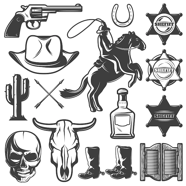 Free Vector | Black wild west isolated icon set with cowboy and sheriff attributes and protagonist