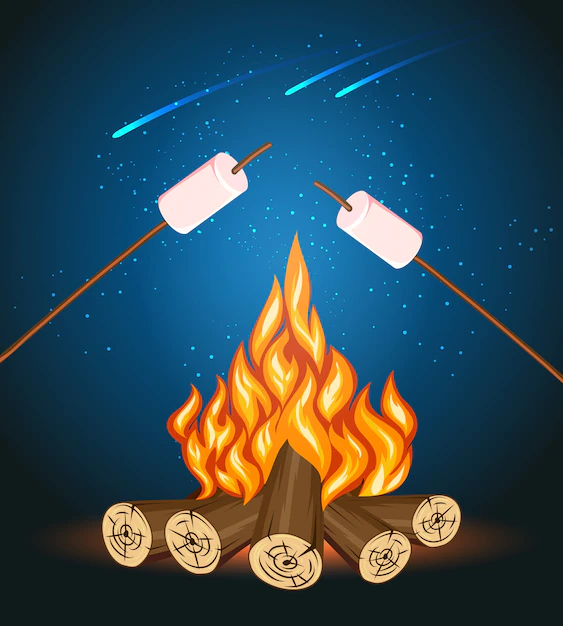 Free Vector | Bonfire with marshmallow, camping grill marshmallow vector illustration. marshmallow outdoor, campfire night, food marshmallow stick