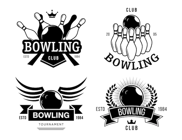 Free Vector | Bowling club labels set. monochrome emblem templates with text, ball, pins, bowling team symbols in retro style. vector illustrations for entertainment, hobby, leisure s