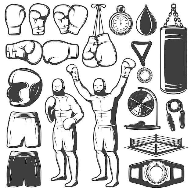 Free Vector | Boxing black white elements set with fighter sports clothing and equipment trophies isolated