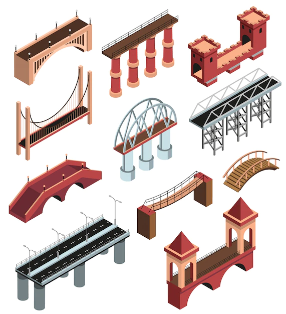 Free Vector | Bridges details isometric elements collection with modern metallic constructions ancient wooden stone viaducts spans isolated vector illustration