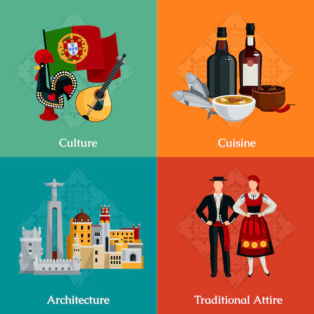 Free Vector | Bright flat icons set with traditional portugal attire cuisine