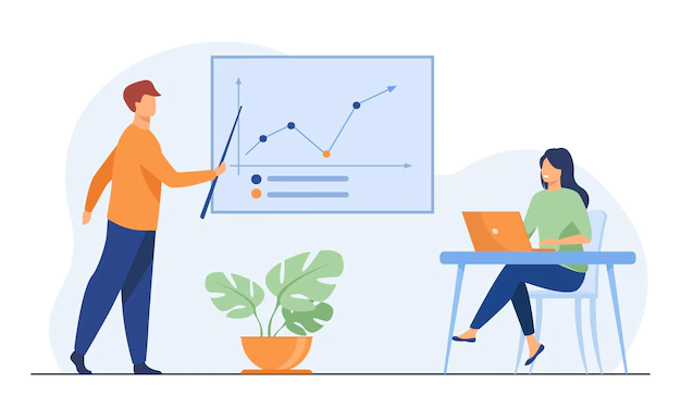 Free Vector | Business coach showing growth graph to businesswoman. laptop, training, statistics flat  illustration. analytics and management concept for banner, website design or landing web page