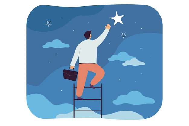 Free Vector | Businessman catching star, climbing ladder to sky