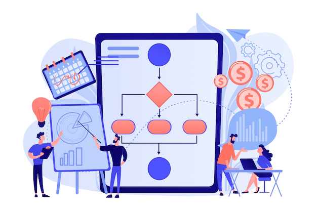 Free Vector | Businessmen work with improvement diagrams and charts. business process management, business process visualization, it business analysis concept illustration