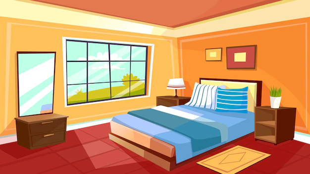 Free Vector | Cartoon bedroom interior background template. cozy modern house room in morning light