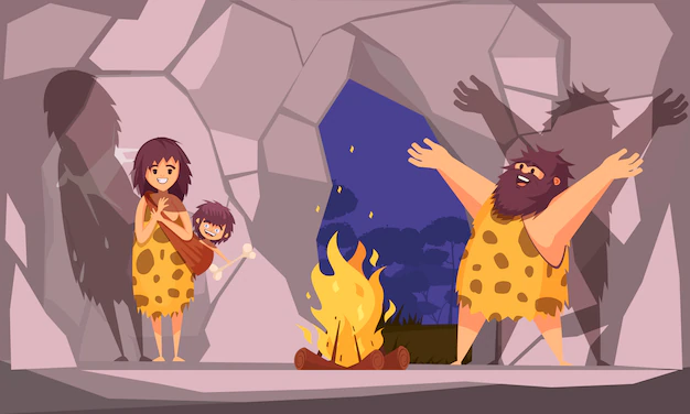 Free Vector | Cartoon illustration with caveman family dressed in animal pelt collected around the fire in cave