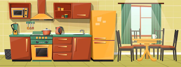 Free Vector | Cartoon interior of family kitchen counter with appliances, furniture.