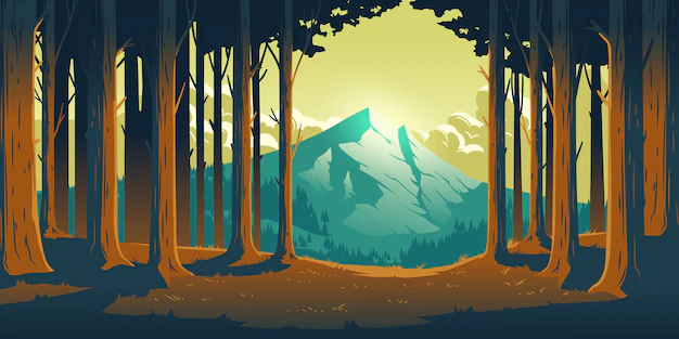 Free Vector | Cartoon nature landscape with mountain in forest deciduous trees trunks clearance