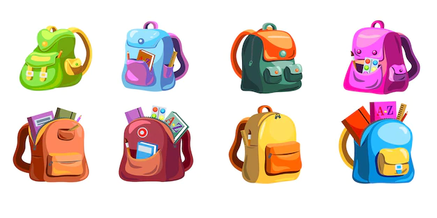 Free Vector | Cartoon primary schoolbags set. childish school backpacks with supplies in open pockets, colorful bright bags and rucksacks.