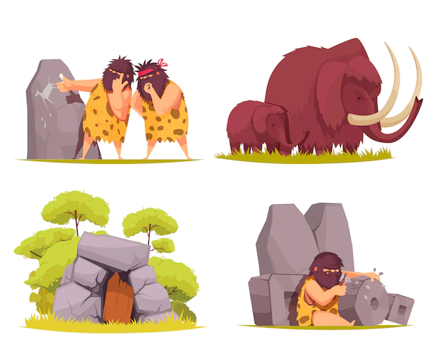 Free Vector | Caveman concept set of primitive men dressed in animal pelt busy with everyday worries cartoon