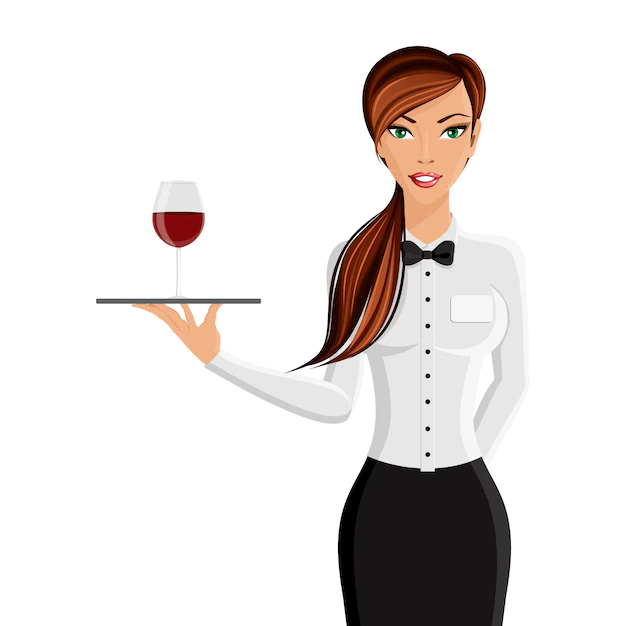 Free Vector | Cheerful sexy girl restaurant waiter with tray and wine glass portrait isolated on white background vector illustration