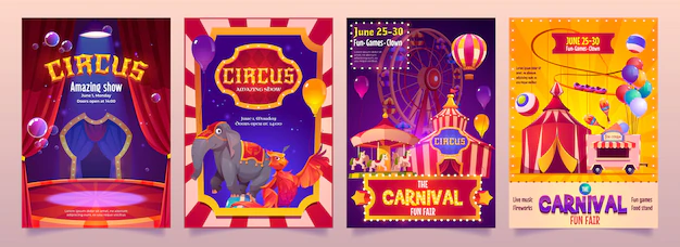 Free Vector | Circus show banners, big top tent carnival entertainment with elephant