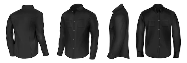 Free Vector | Classic shirt of black silk with long sleeves and pockets on chest in half turn front, side and back