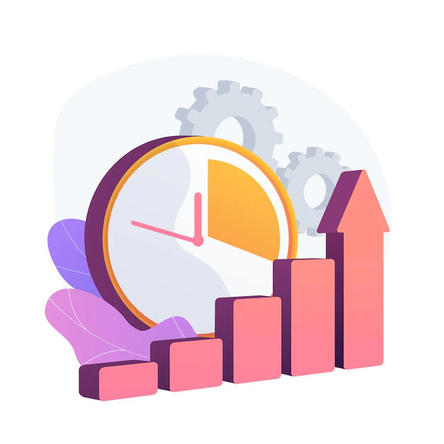 Free Vector | Clock and increasing chart. workflow productivity increase, work performance optimization, efficiency indicator. rising effectiveness metrics. vector isolated concept metaphor illustration
