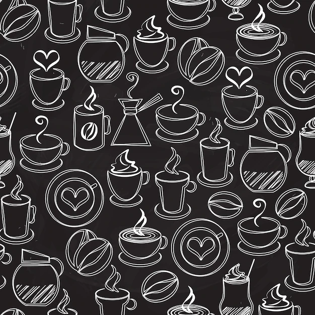 Free Vector | Coffee seamless pattern background vector with white icons on black of a coffee pot and percolator  steaming mugs and cups  beans  hearts  espresso  filter  cappuccino and iced coffee in square format