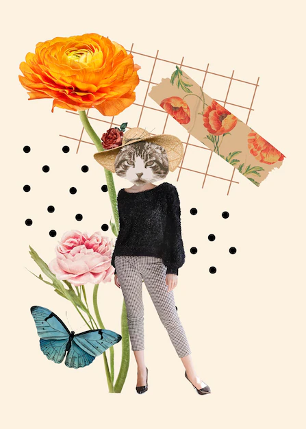 Free Vector | Collage vintage feminine aesthetic element, cat illustration collage mixed media art