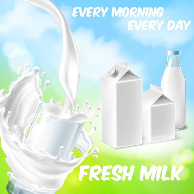 Free Vector | Colorful background with fresh milk, pouring in drinking glass and splashing