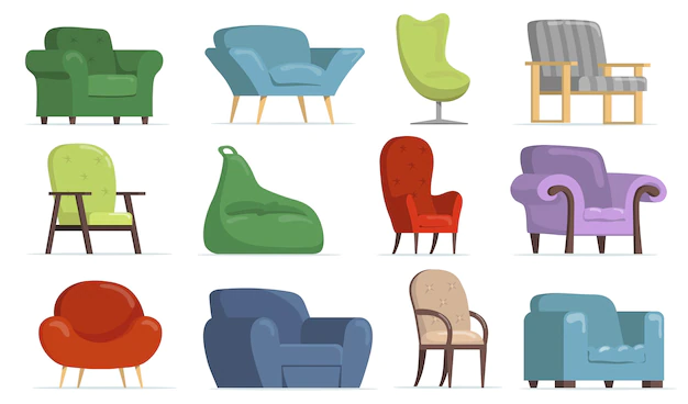 Free Vector | Comfortable armchairs flat set for web design. cartoon classic and modern chairs, soft poufs isolated vector illustration collection. furniture and apartment interior concept