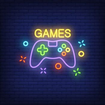 Free Vector | Console with games lettering. neon sign on brick background.