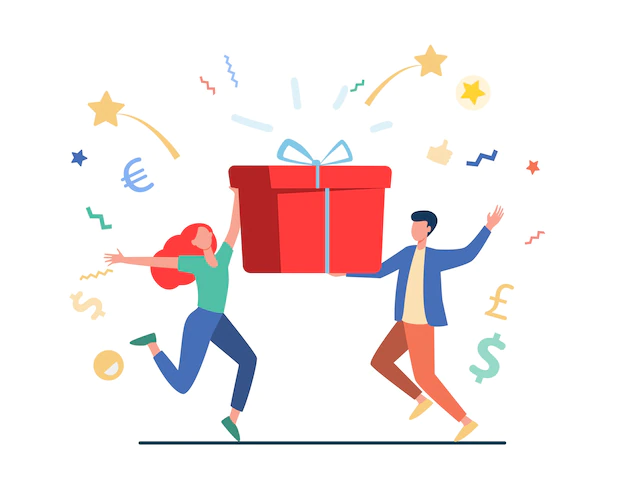 Free Vector | Couple winning prize. man and woman holding gift box flat vector illustration. lottery, present, birthday party