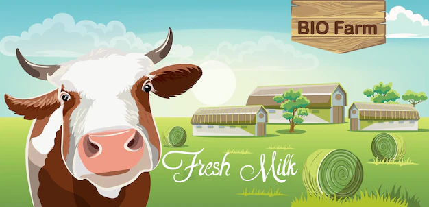 Free Vector | Cow with brown spots and a farm in background. fresh bio milk.